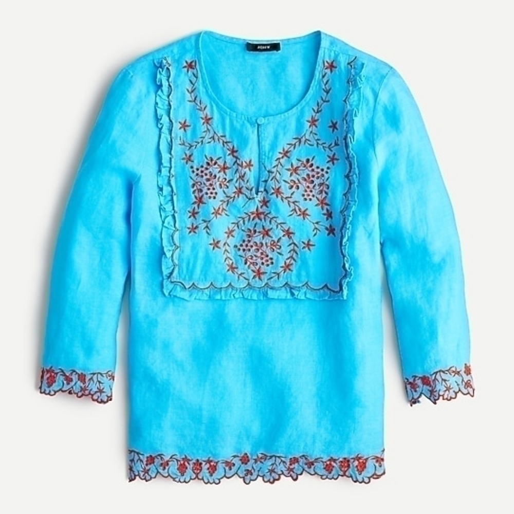 J. Crew Embroidered Linen Tunic Monaco Blue